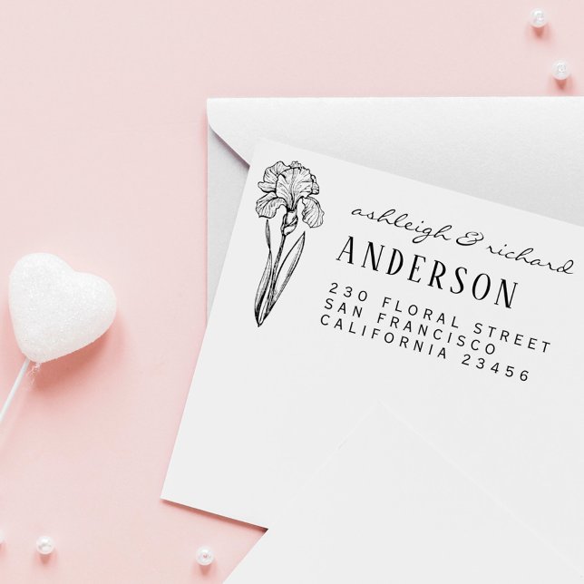 Rustikale Iris Blume Individuelle Name Rücksendead Gummistempel (Von Creator hochgeladen)