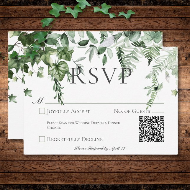 Rustikale Ivy & Sage Greenerity Wedding QR Code RSVP Karte (Rustic Ivy & Sage Greenery Wedding Save The Date)