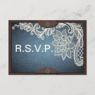 Rustikale Jeans-, Spitzen- und Leder-Hochzeits-Ant RSVP Karte