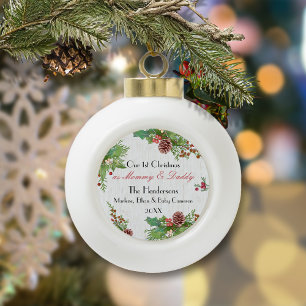 Rustikale Junge Mutter und Vater 1. Weihnachtsstei Keramik Kugel-Ornament
