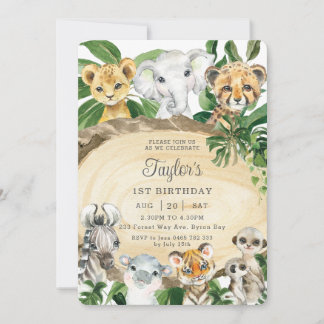 Rustikale Jungle Animals Wood Greenery Geburtstags Einladung