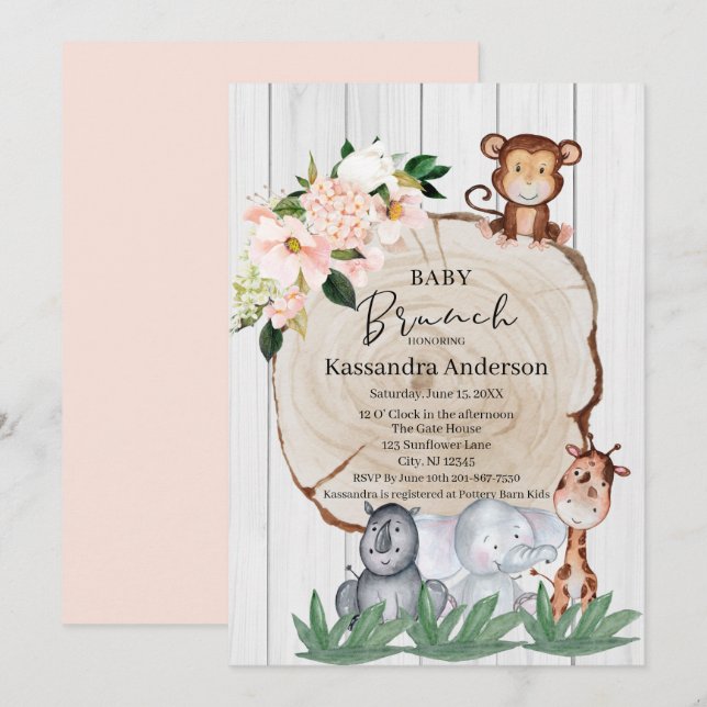Rustikale Jungtiere Blush Floral Baby Brunch Einladung (Vorne/Hinten)