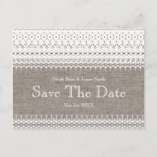 Rustikale Jute & Elegante Spitze Hochzeit Save the Ankündigungspostkarte