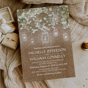 Rustikale Jute-Hochzeit mit Schleierkraut Einladung