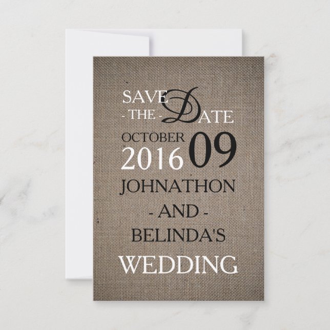 Rustikale Jute-Hochzeit Save The Date (Vorderseite)