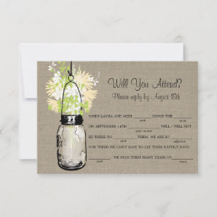 Rustikale Jute-Mason-Glas Wildblumen LIB RSVP Karte