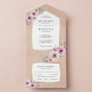 Rustikale Jute-Rosa-Wasserfarben-Blumenhochzeit All In One Einladung