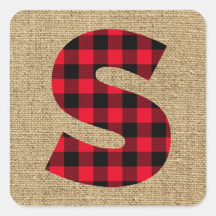 Rustikale Jute Rot-Schwarz Büffel-Karo-Monogramm Quadratischer Aufkleber