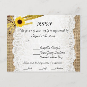 Rustikale Jute-Sonnenblumen-Spitze Hochzeit-RSVP-K RSVP Karte