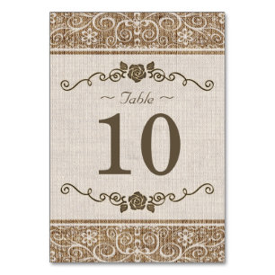 Rustikale Jute-Spitze - Hochzeitstisch-Nummernkart Tischnummer