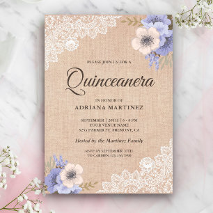 Rustikale Jute-Spitze Lila Blumen Quinceanera Einladung