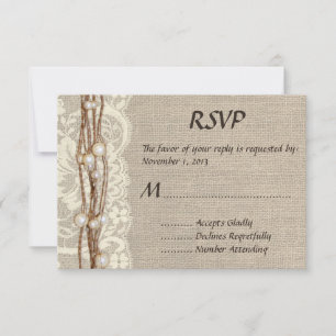 Rustikale Jute-Spitze-Perlen-Hochzeits-Einladung RSVP Karte
