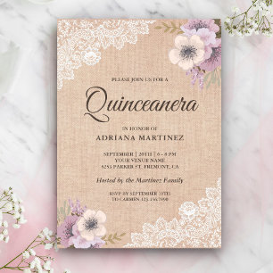 Rustikale Jute-Spitze Rosa Florale Quinceanera Einladung
