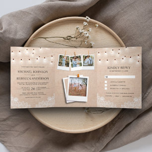 Rustikale Jute-Spitzen-Lichterketten-Foto-Hochzeit Dreifach Gefaltete Einladung