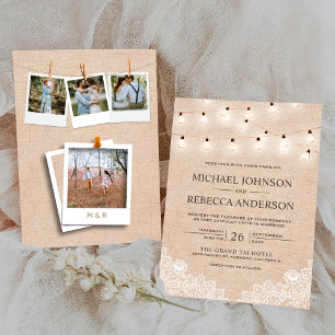Rustikale Jute-Spitzen-Lichterketten-Foto-Hochzeit Einladung