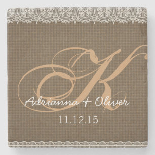 Rustikale Jute-Spitzen-Monogramm-Hochzeit Steinuntersetzer