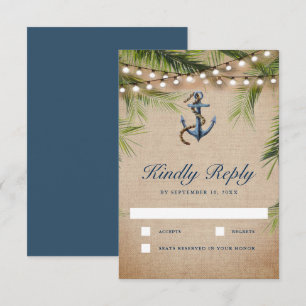 Rustikale Jute-Tropenpalmenblätter-Anker-Hochzeit RSVP Karte