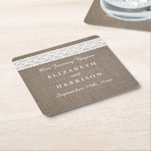 Rustikale Jute & Vintage Weiße Spitze Hochzeit Rechteckiger Pappuntersetzer