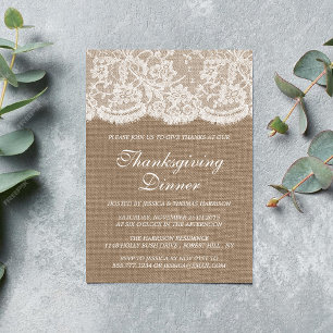 Rustikale Jute & Weiße Spitze Thanksgiving-Dinner- Einladung