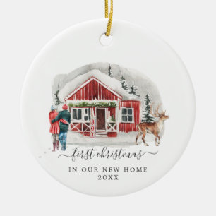 Rustikale Kabine   Erste Weihnachts-Zuhause Keramik Ornament