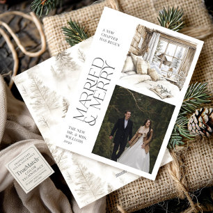 Rustikale Kabine Verheiratet & Merry Foto Ferienka Feiertagskarte
