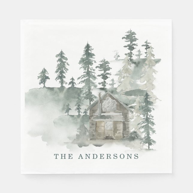 Rustikale Kabine Wasserfarbenwald Name der grünen  Serviette (Vorderseite)