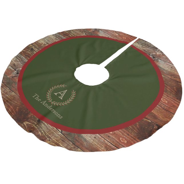 Rustikale Kabinen-hölzerner Monogramm-Familienname Polyester Weihnachtsbaumdecke (Schrägansicht)