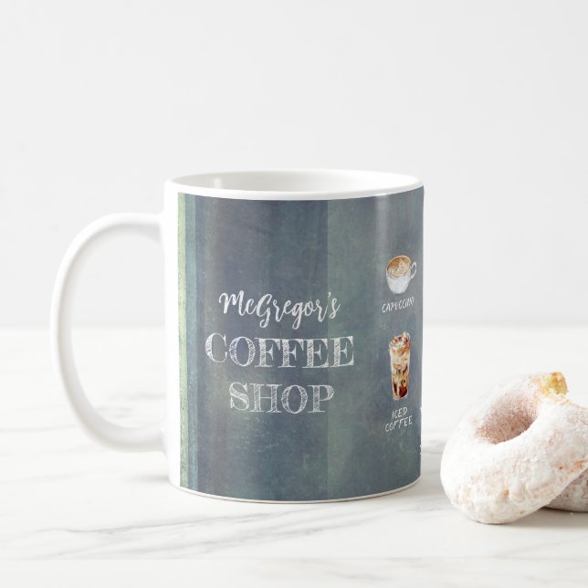 Rustikale Kaffeehausfamilie oder Business Green Kaffeetasse (Mit Donut)