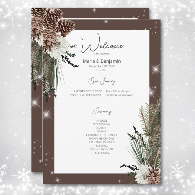 Rustikale Kakao-Braun-Kiefer-Winter-Sparkle Hochze Programm (Rustic Cocoa Brown Pine Winter Sparkle Wedding Program)
