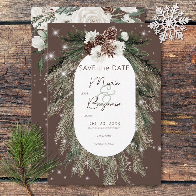 Rustikale Kakao Pine Winter Sparkle Hochzeit Save The Date (Rustic Cocoa Pine Winter Sparkle Wedding Save The Date)