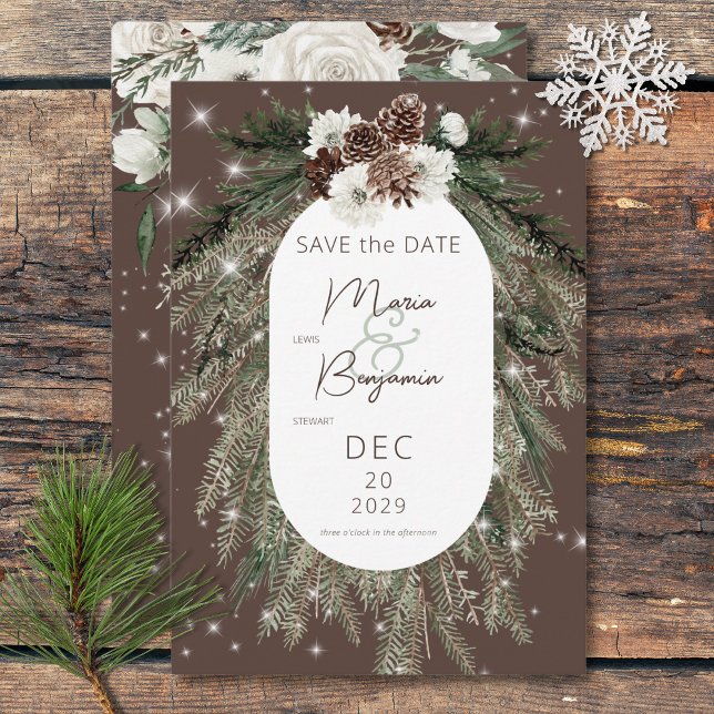 Rustikale Kakao Pine Winter Sparkle Hochzeit Save The Date (Rustic Cocoa Pine Winter Sparkle Wedding Save The Date)