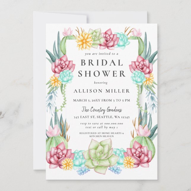 Rustikale Kaktus Rose Blumenkohl Brautparty Einladung (Vorderseite)