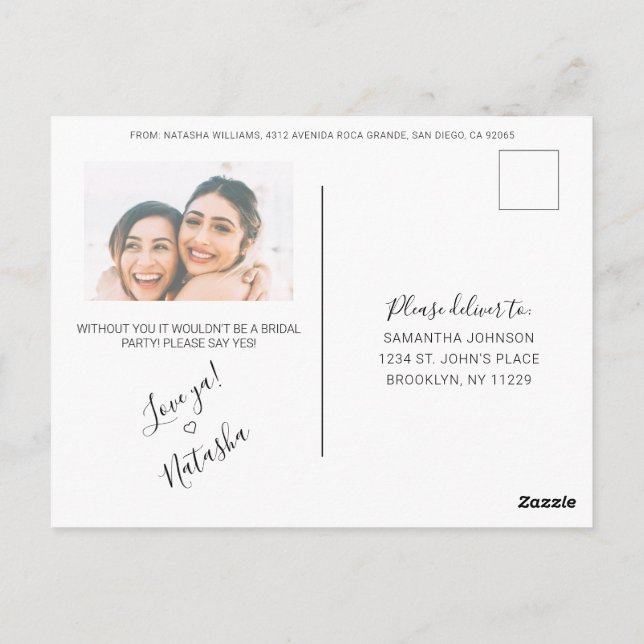 Rustikale Kalligrafie Foto Bridesmaid Vorschlag Postkarte (Rückseite)