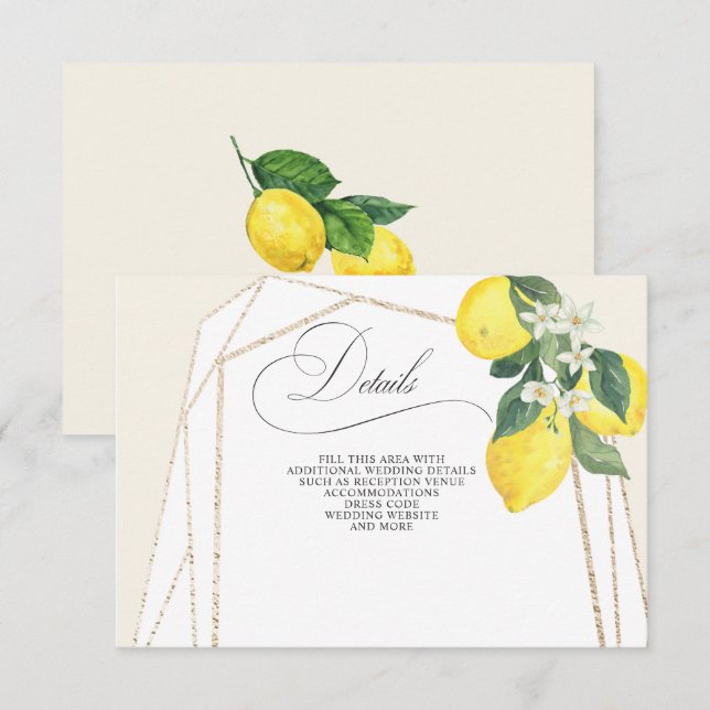 Rustikale Kalligrafie Lemon Citrus Sommer Hochzeit Begleitkarte (Vorne/Hinten)