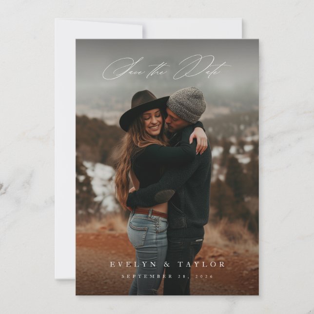 Rustikale Kalligrafie-Schrift-QR-Code-Hochzeitsfot Save The Date (Vorderseite)