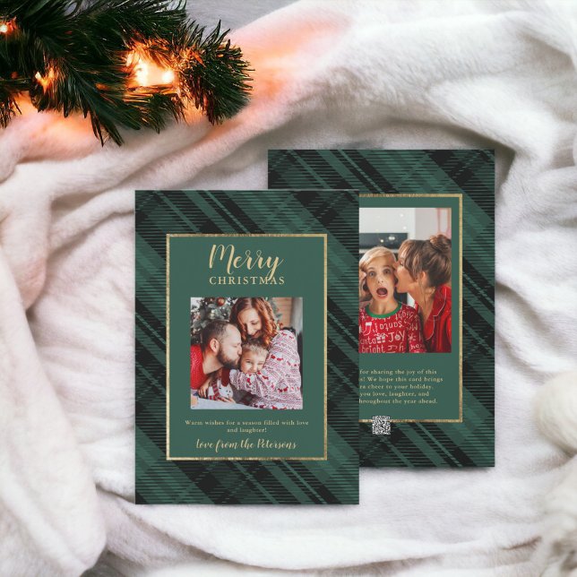 Rustikale Kariert Green Gold Frohe Weihnachten 2 F (Rustic Plaid Green Gold Merry Christmas 2 Photos Holiday Card)