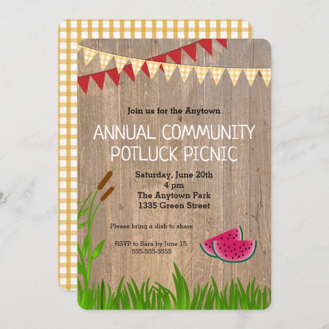 Rustikale Karierte Community Potluck Picnic Einlad Einladung (Vorne/Hinten)