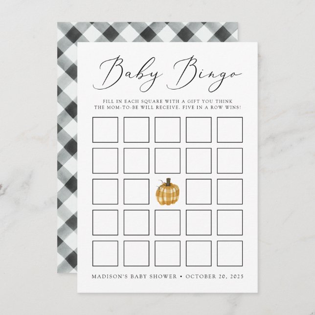 Rustikale Karierte Pumpkin Baby Dusche Bingo Card (Vorne/Hinten)