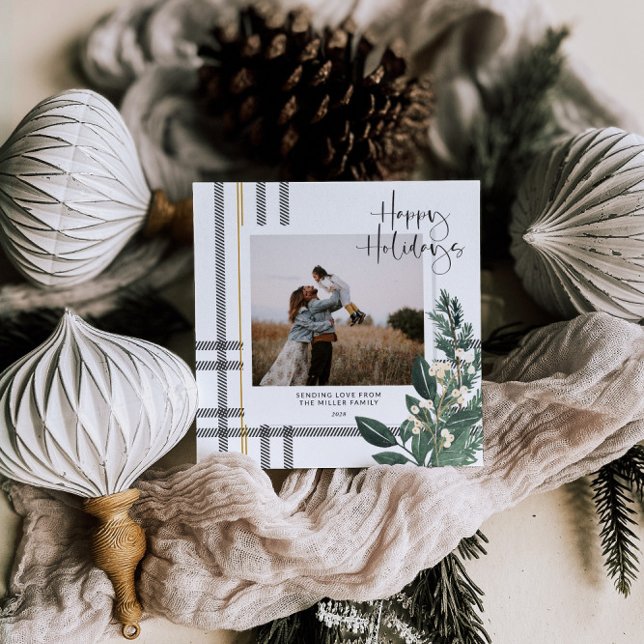 Rustikale Karierte Vegetation Foto Feiertagskarte (Plaid Family Photo Holiday Card Rustic Greenery)