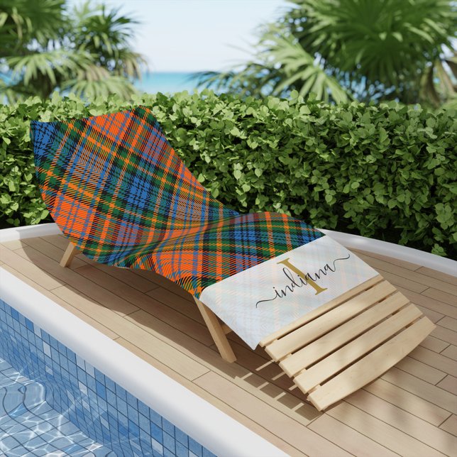 Rustikale Karo-Monogramm Murray Tartan individuell Strandtuch (Rustic Plaid Monogram Murray Blue Orange Tartan Beach Towel)