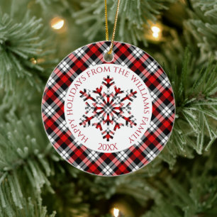 Rustikale Karo Roter Schwarzer Tartan Schneeflocke Keramik Ornament