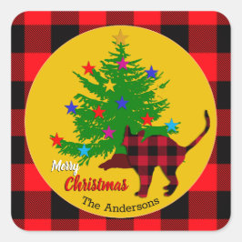 Rustikale Katze, Weihnachtsbaum, Familienname, Rot Quadratischer Aufkleber