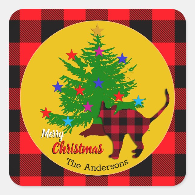 Rustikale Katze, Weihnachtsbaum, Familienname, Rot Quadratischer Aufkleber (Vorderseite)