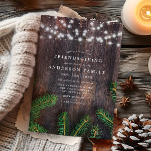 Rustikale Kiefern-Lichterketten Holz Friendsgiving Einladung