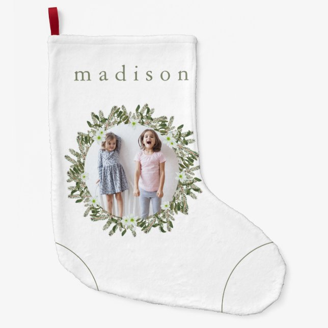 Rustikale Kiefern und Fotos mit Namen Großer Weihnachtsstrumpf (Vorderseite)