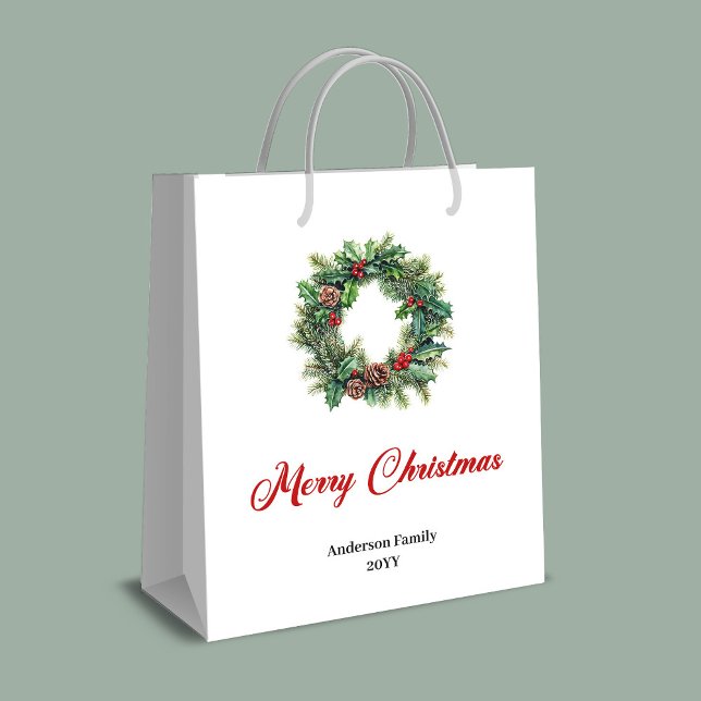 Rustikale Kiefernkranz-Weihnachtsgeschenktasche in Mittlere Geschenktüte (Rustic pine wreath Christmas gift bag custom)