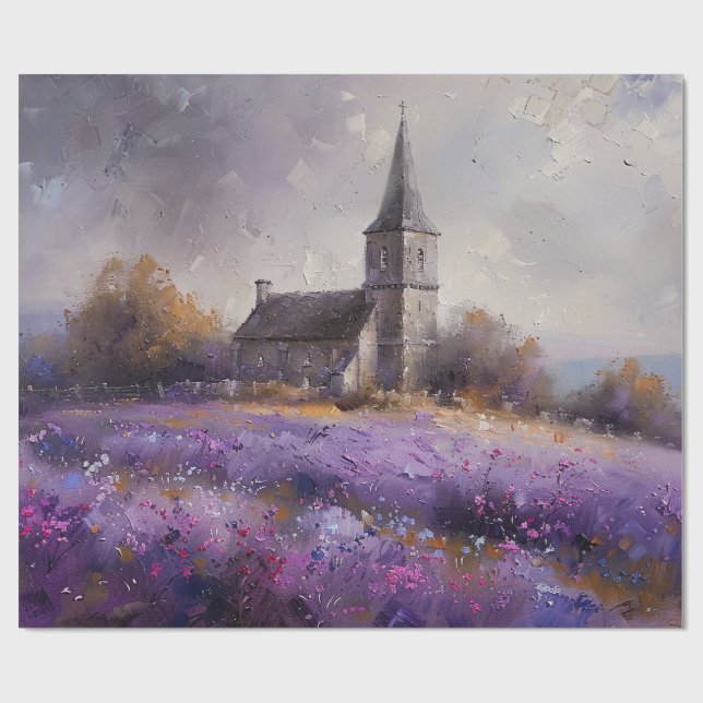 Rustikale Kirche und Lila Wildblumen Enttäuschung Geschenkpapier (Flach)