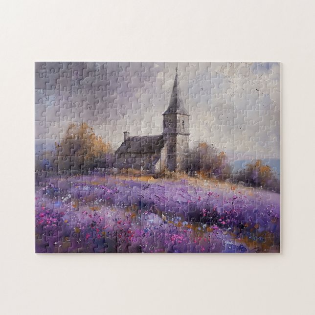 Rustikale Kirchenmalerei und Lila Wildblume Puzzle (Horizontal)