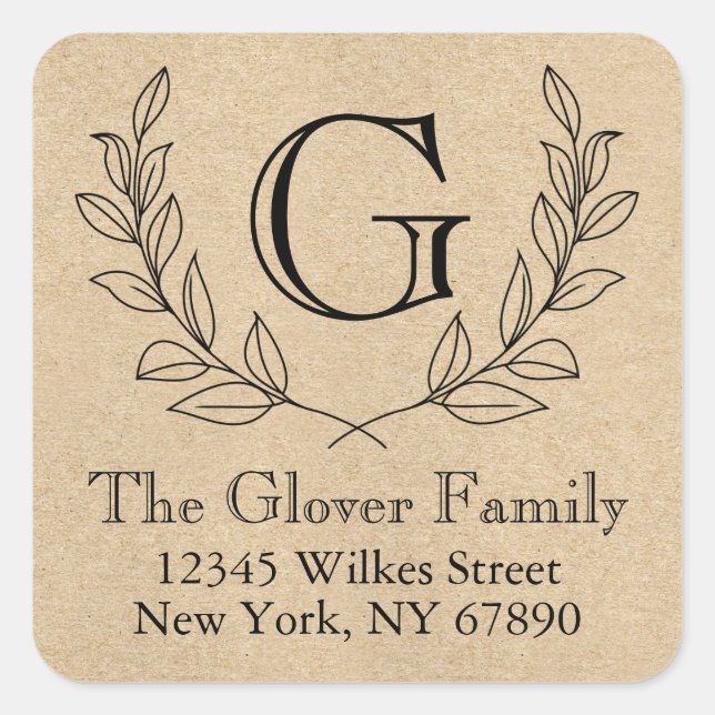 Rustikale Kleider Monogram Kraft Paper Style Addre Quadratischer Aufkleber (Vorderseite)