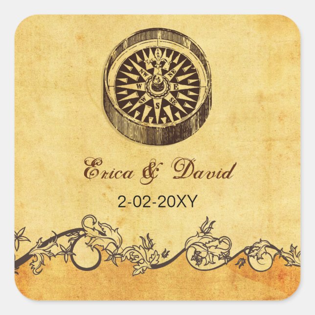rustikale Kompass nautische Hochzeit umhüllt Siege Quadratischer Aufkleber (Vorderseite)